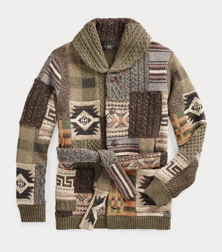 RRL Hand Knit Wool Patchwork Brown Green Ranch Long Belt Cardigan Men's Large L