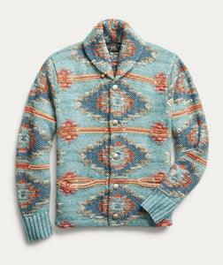 RRL Ralph Lauren Southwestern Blue Hand-Knit Silk Cardigan Men Extra-Large XL