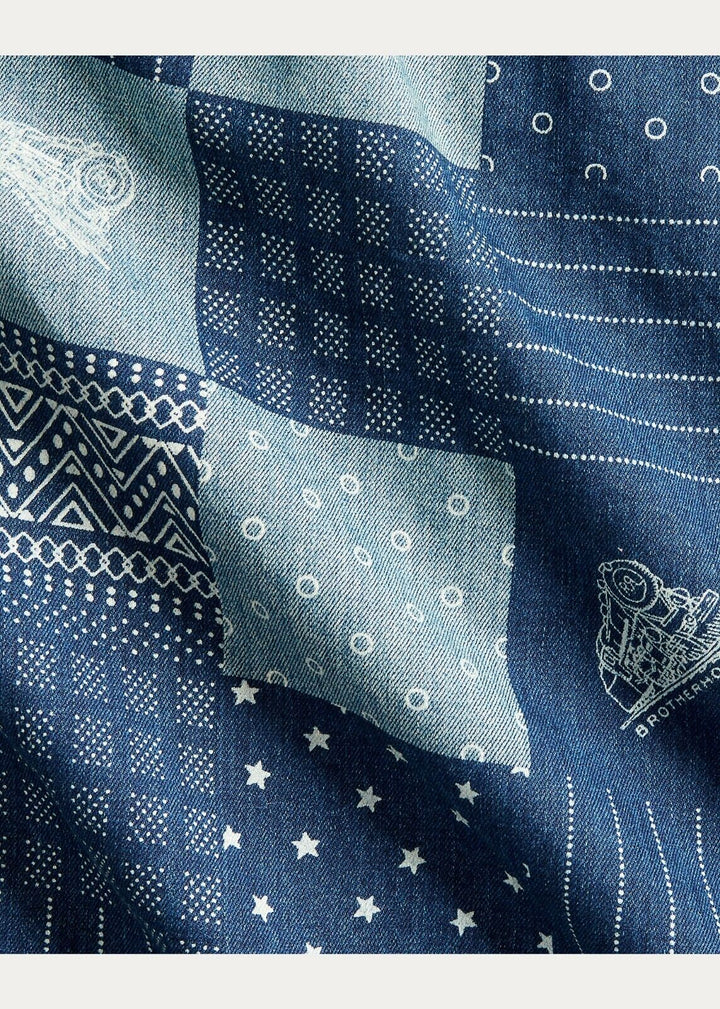 RRL Ralph Lauren Patchwork Print Indigo Blue Workshirt Shirt Men's Large L