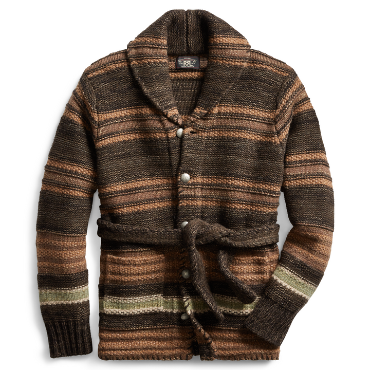 RRL Ralph Lauren Wool Knit Striped Belted Blanket Ranch Cardigan Men's Large L