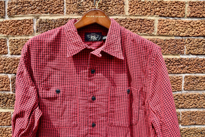 RRL Ralph Lauren Houndstooth Plaid Brushed Workshirt Shirt Red Men's Medium M