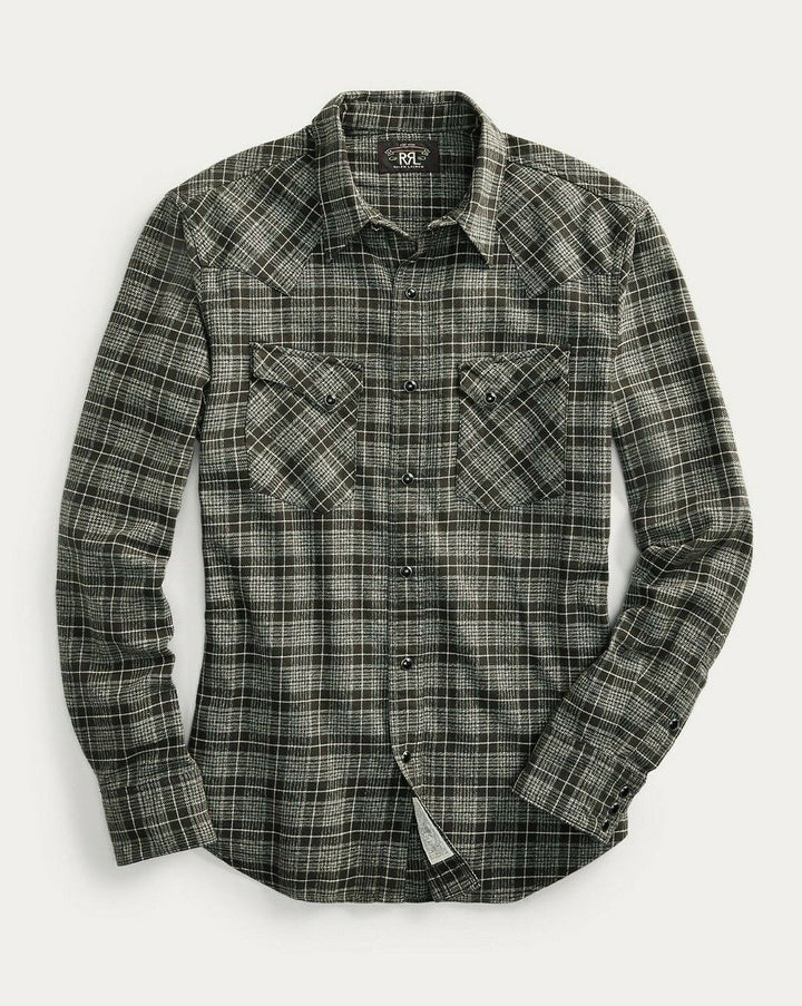 New RRL Ralph Lauren Slim Fit Plaid Jaspé Twill Western Shirt Gray Men's L Large