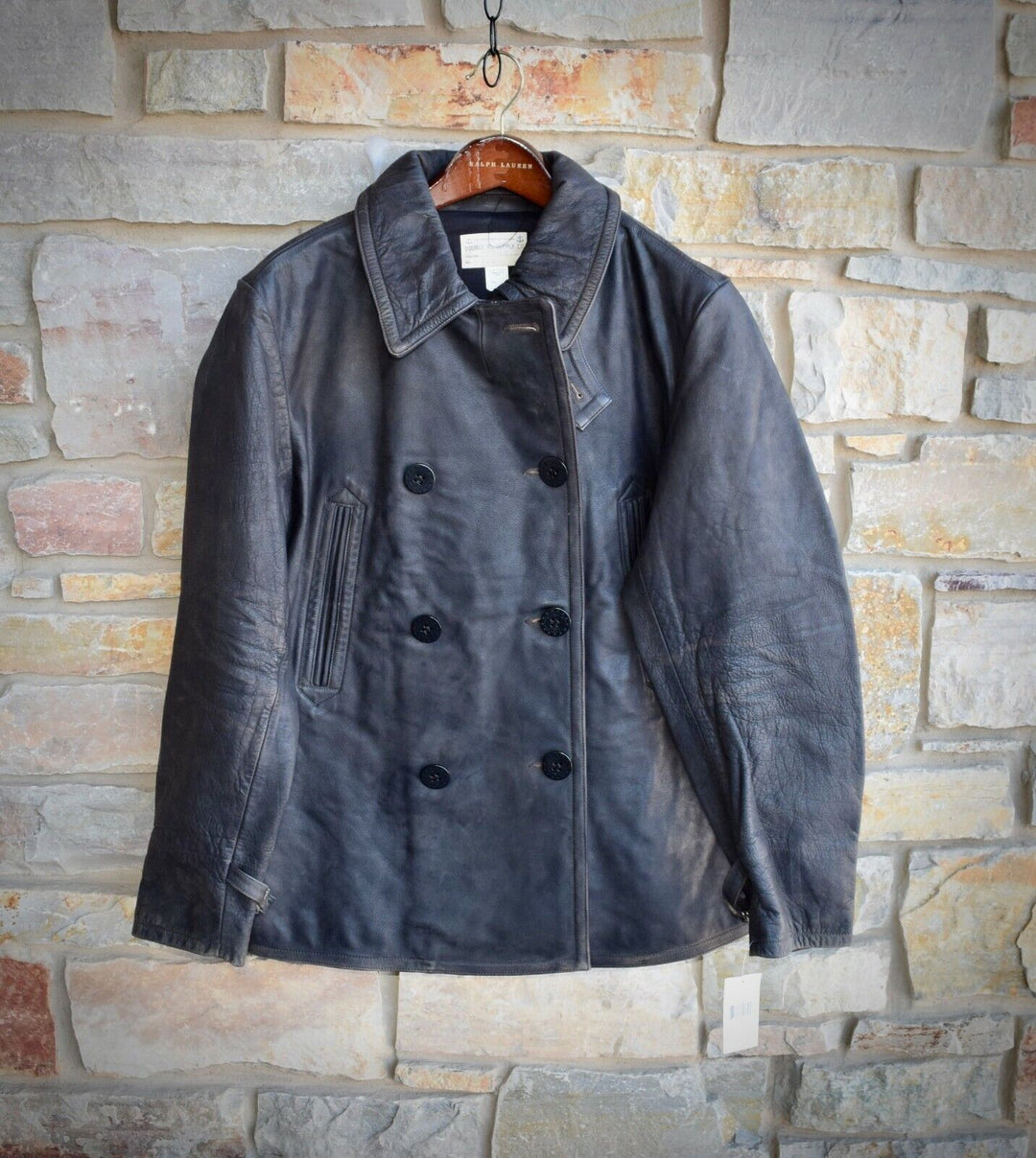New RRL Ralph Lauren Leather Brown/Gray Peacoat Jacket Coat Lined Men's Large L