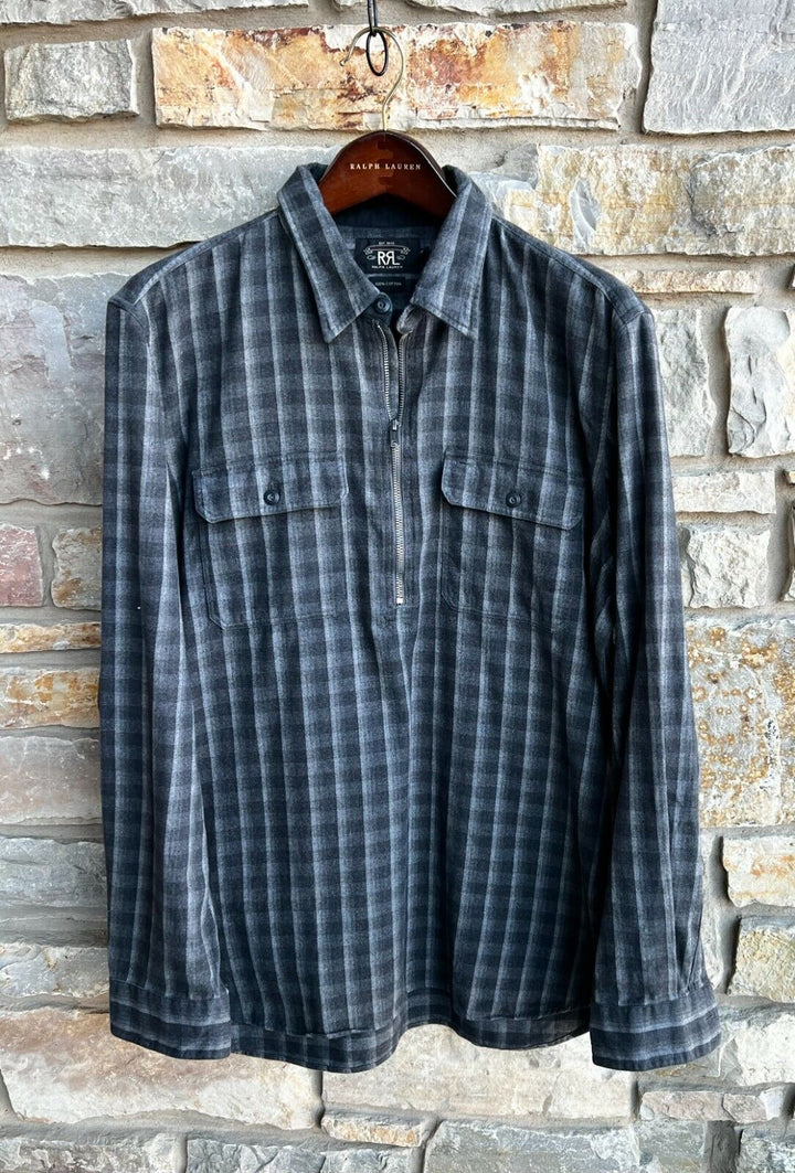 RRL Ralph Lauren Gray Black Cotton 1/2 Zip Check Overshirt Mens XL Extra-Large