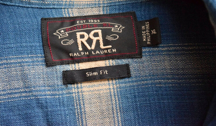 RRL Ralph Lauren Plaid Blue Cream Check Workshirt Flannel Slim XL Extra-Large