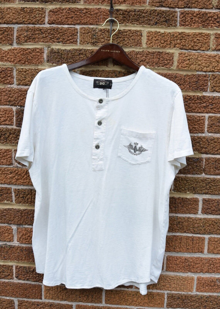 RRL Ralph Lauren White Solid Henley Cotton Henley T-Shirt Pocket Extra-Large XL