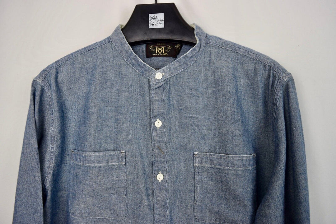 RRL Double Ralph Lauren Men's Mandarin Band Collar Shirt Blue Chambray L Large