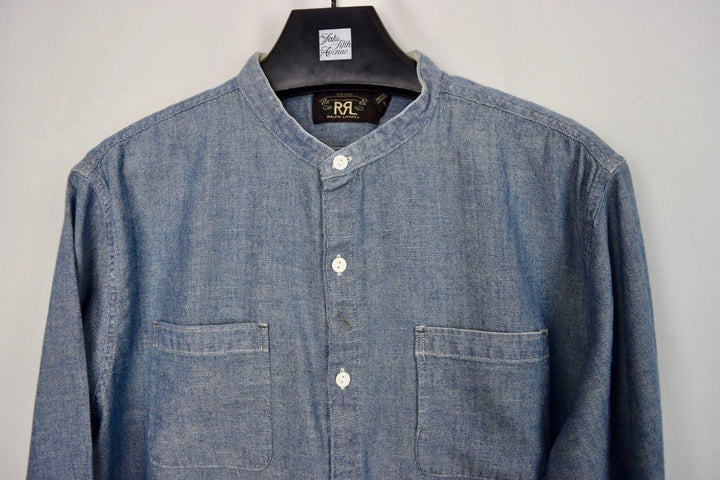 RRL Double Ralph Lauren Men's Mandarin Band Collar Shirt Blue Chambray L Large