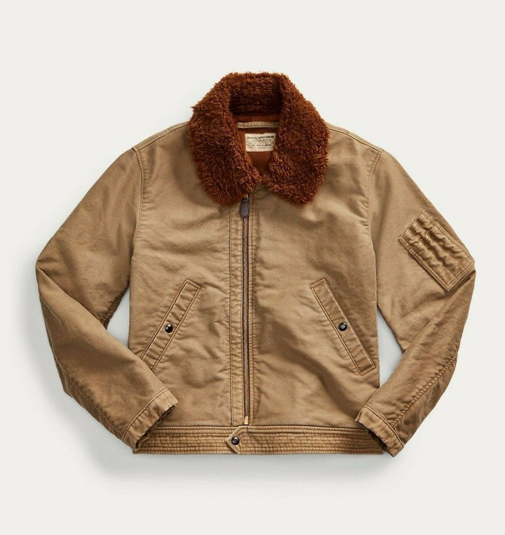 RRL Ralph Lauren Cotton Flight Jacket Fleece Jungle Brown Coat Men's Large L