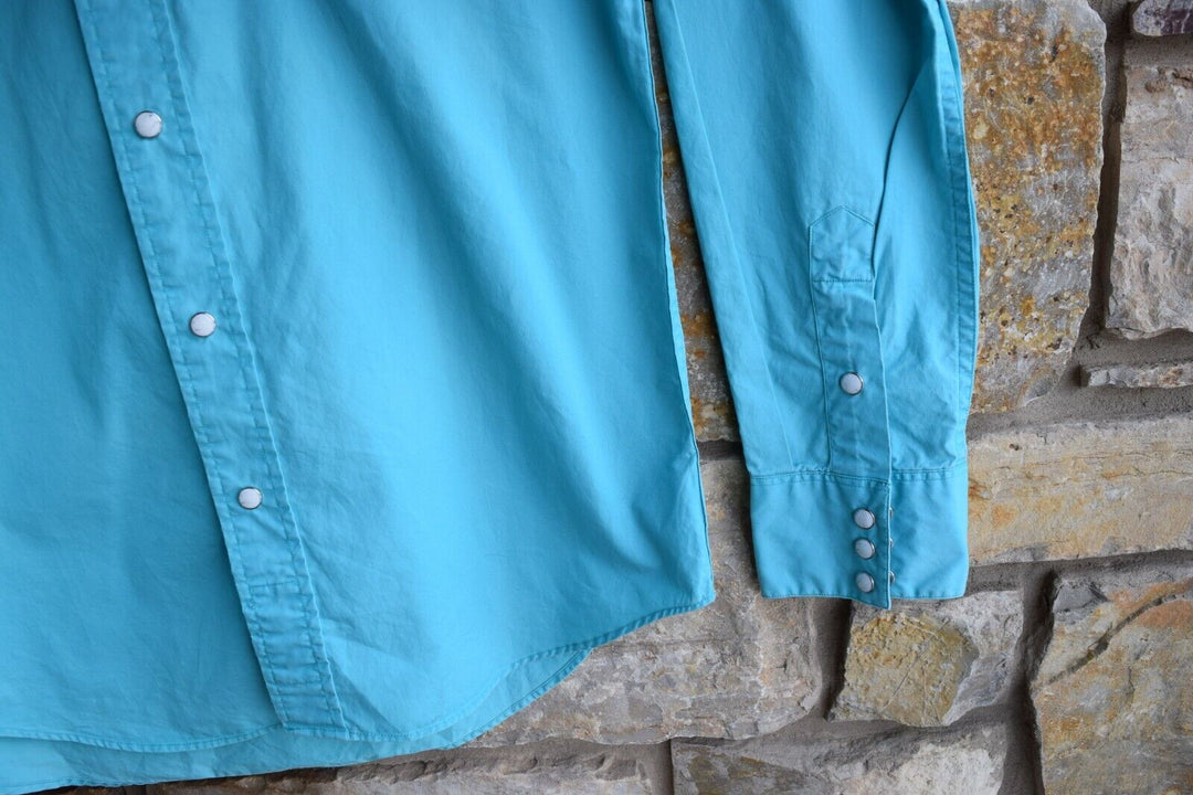 New RRL Ralph Lauren Blue Western Snap Solid Teal Cotton Men's Shirt Medium M