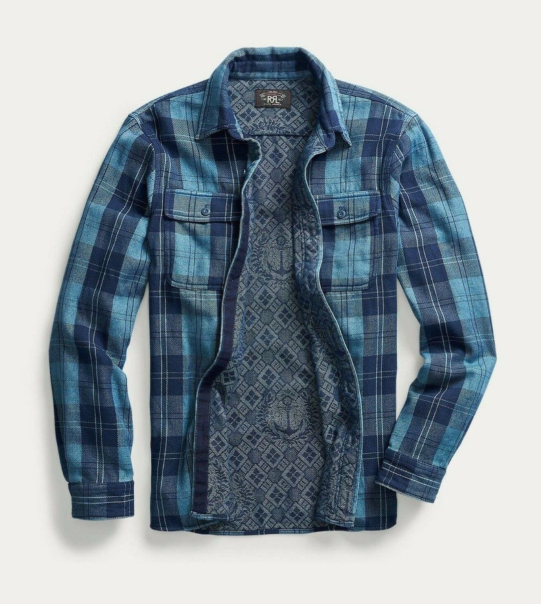 RRL Ralph Lauren Plaid Indigo Blue Lined Workshirt Men's Small S Flannel
