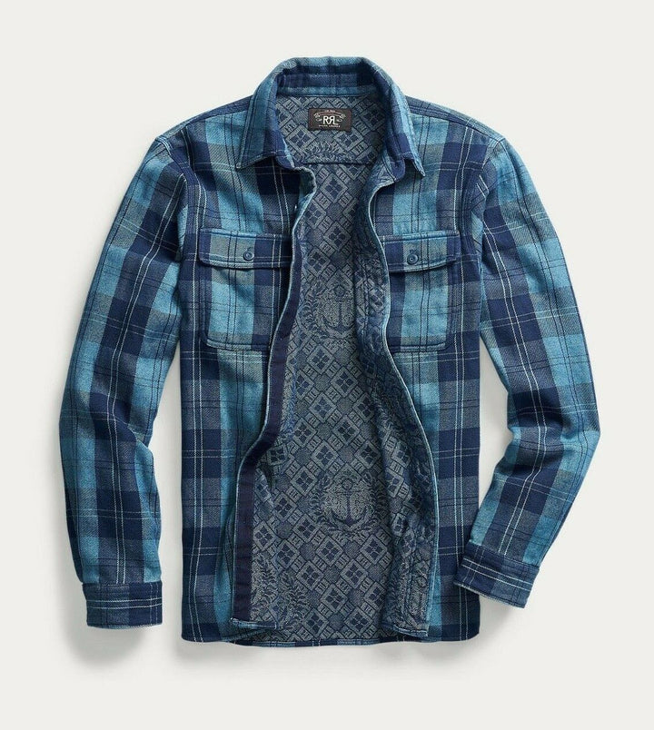RRL Ralph Lauren Plaid Indigo Blue Lined Workshirt Men's Small S Flannel