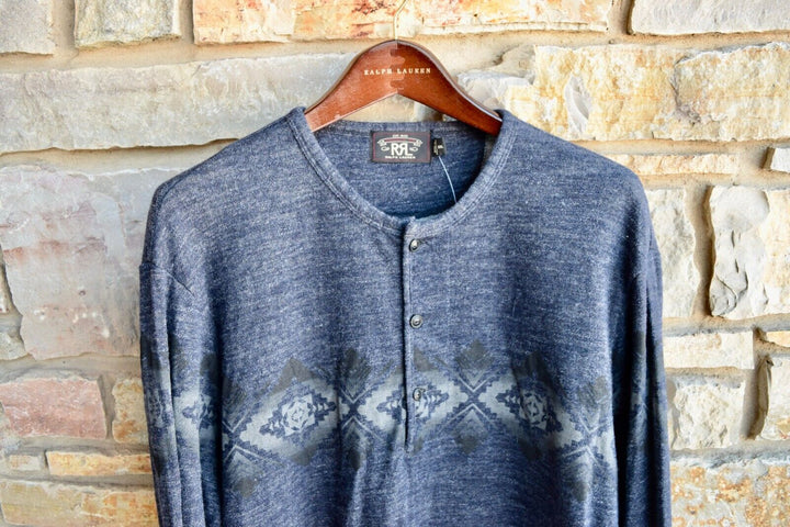 New RRL Ralph Lauren Indigo Blue Southwestern Beacon Henley Sweater Mens 2XL XXL