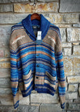 New RRL Ralph Lauren Blue Hand-Knit Brown Shawl Cardigan Sweater Men's XXL 2XL