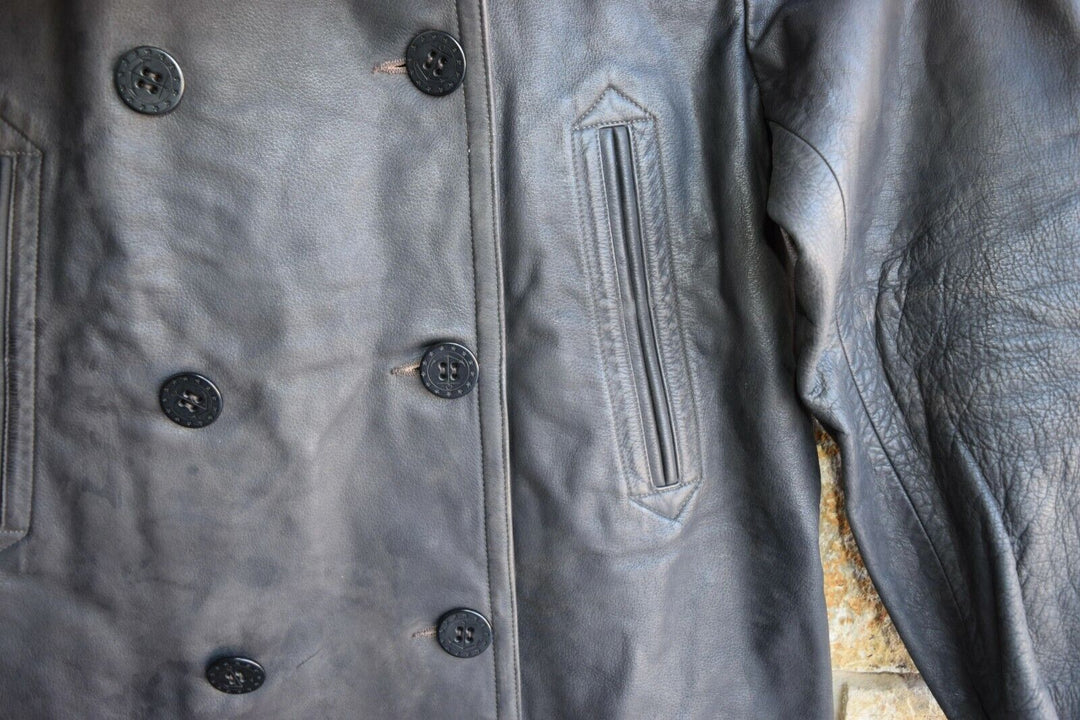New RRL Ralph Lauren Leather Brown/Gray Peacoat Jacket Coat Men's Extra-Large XL