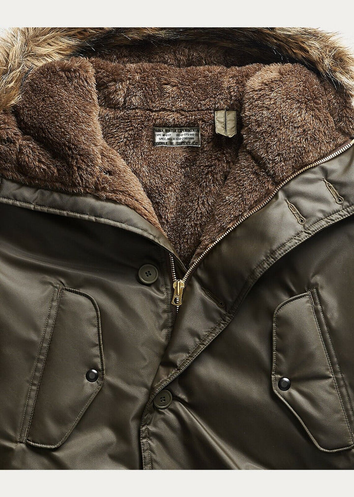 RRL Ralph Lauren Quilted 1950's Flight Parka Jacket Coat Fur Mens XL Extra-Large