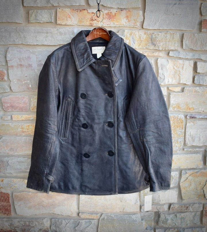 New RRL Ralph Lauren Leather Brown/Gray Peacoat Jacket Coat Men's Extra-Large XL