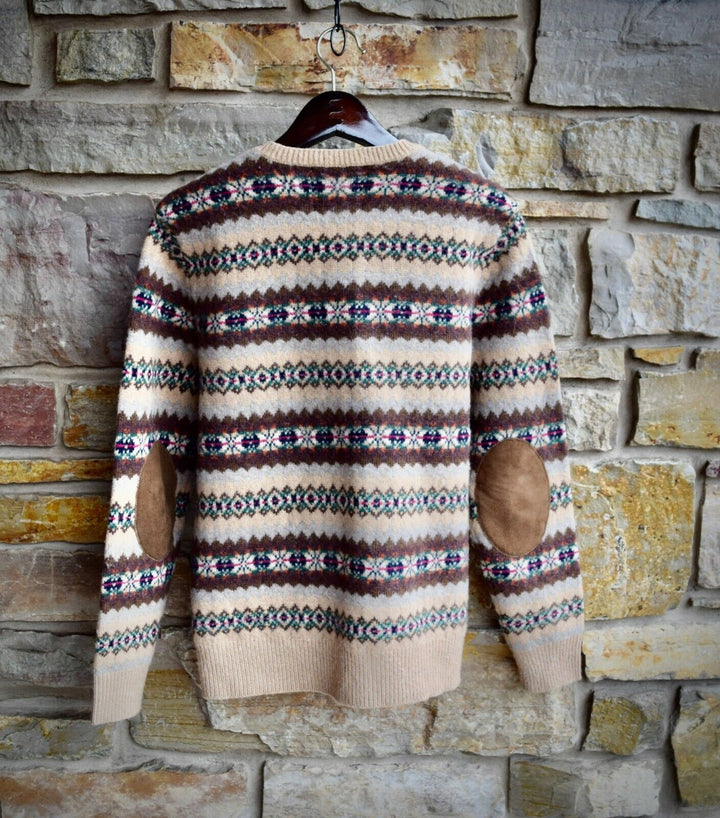 RRL Ralph Lauren Fair Isle V-Neck Brown Knit Suede Elbow Sweater Men's Small S