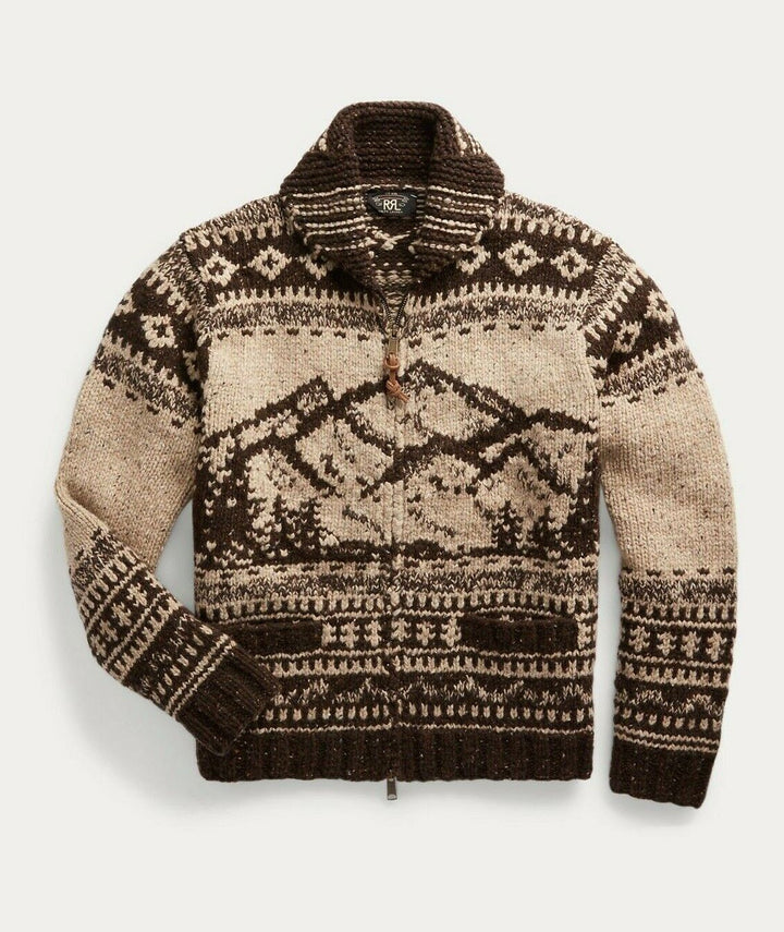 RRL Ralph Lauren Alaskan Brown Mountain Hand-Knit Wool Cardigan Men's Large L