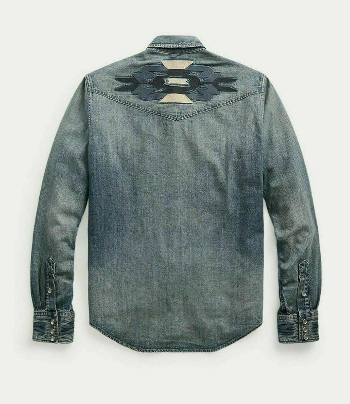 RRL Ralph Lauren Embroidered Japanese Denim Western Shirt Men's M Medium