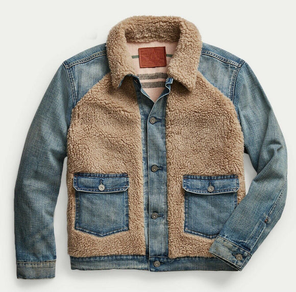 RRL Ralph Lauren Fleece Grizzly Shearling Trucker Denim Jacket