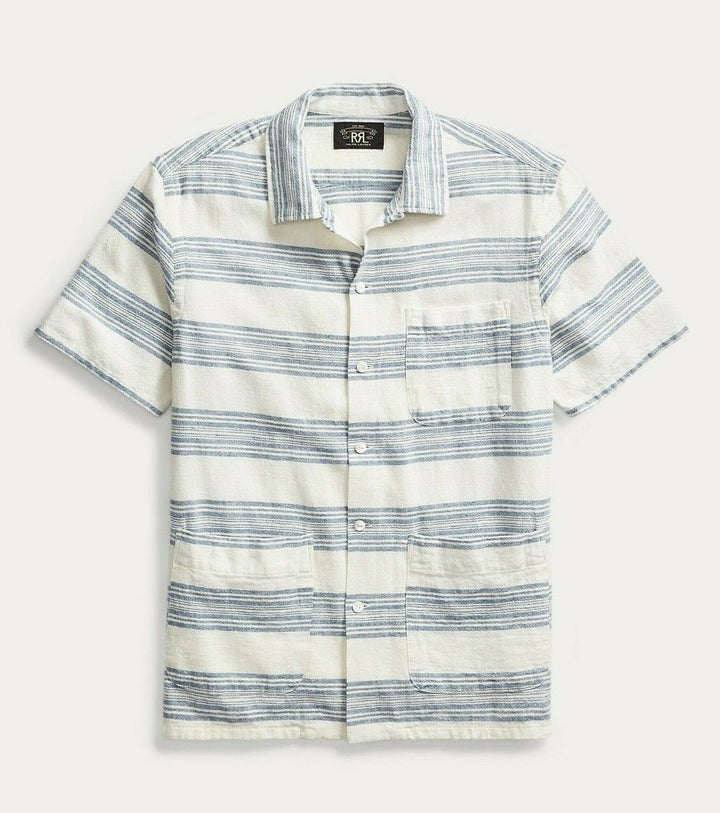RRL Ralph Lauren 1940's Striped Linen White Blue Camp Shirt Men's 2XL XXL