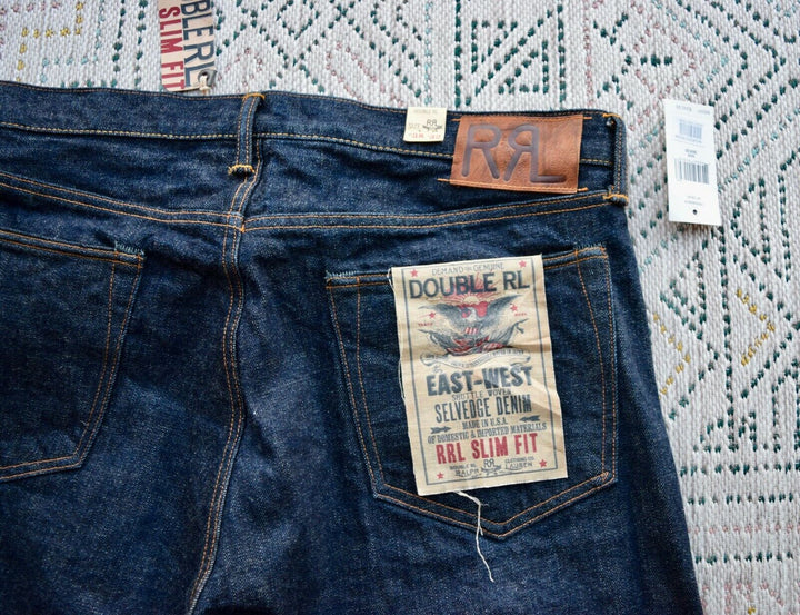 $450 RRL Double RL Dark Wash Denim Jeans Selvedge Slim East - West Men's 38 x 32