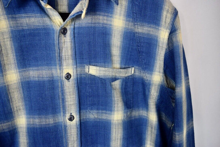 RRL Ralph Lauren Plaid Blue Cream Check Workshirt Flannel Slim XL Extra-Large