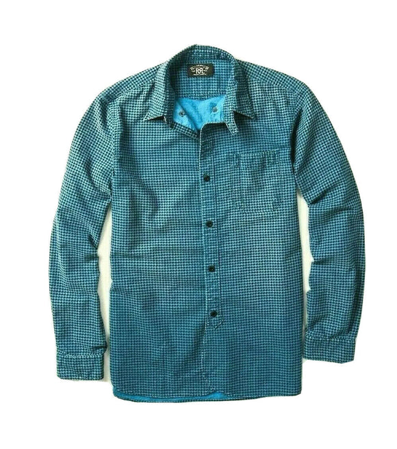 RRL Ralph Lauren Blue Houndstooth Bulldog Shirt Faded Workshirt Men's Medium M