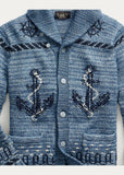 RRL Ralph Lauren Shawl Indigo Anchor Hand-Knit Nautical Cardigan Men's Medium M