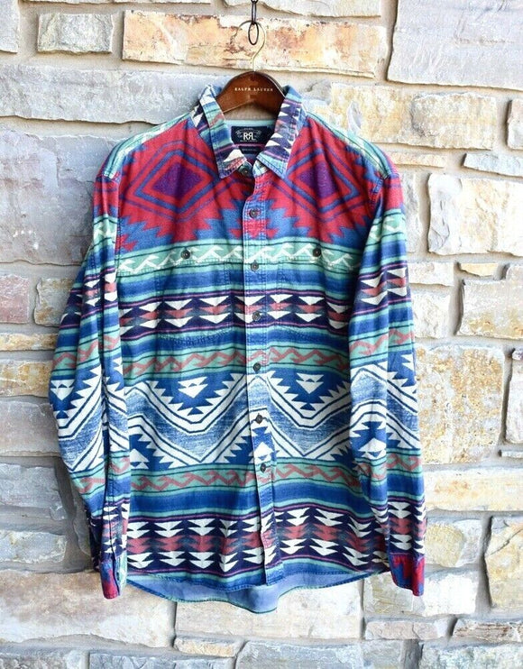 RRL Ralph Lauren Cotton Blue Southwest Shirt Beacon Henley Men's 2XL XXL