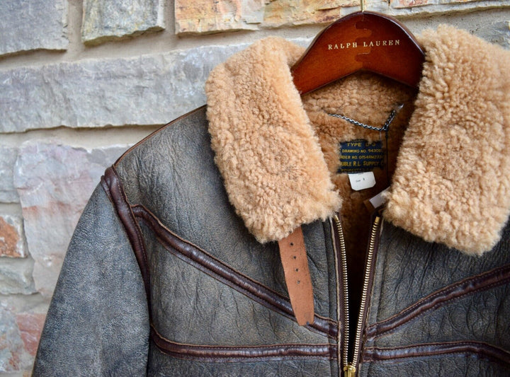 RRL Double RL Ralph Lauren Leather Brown Shearling Military Jacket Mens Medium M