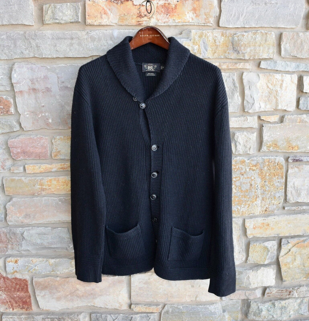 RRL Ralph Lauren Vintage Wool Cashmere Black Ribbed Shawl Cardigan Mens Medium M