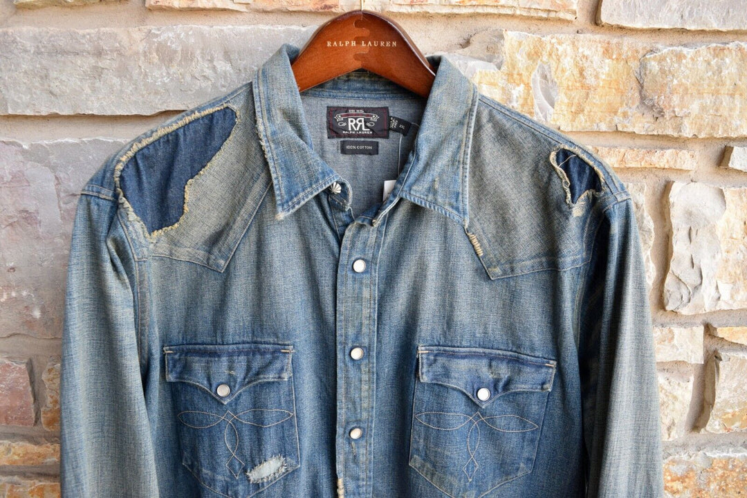 RRL Ralph Lauren Repaired Distressed Destroyed Western Snap Shirt Men's XXL 2XL