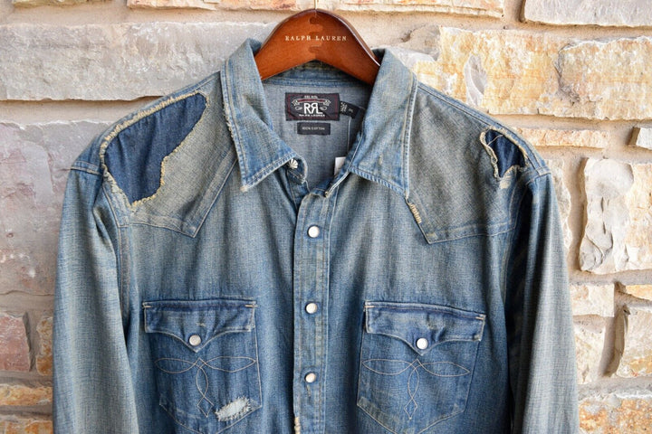 RRL Ralph Lauren Repaired Distressed Destroyed Western Snap Shirt Men's XXL 2XL