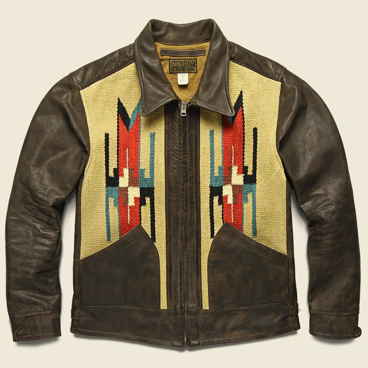 New RRL Ralph Lauren Southwestern Leather Jacket Suede Brown Woven Men's L Large