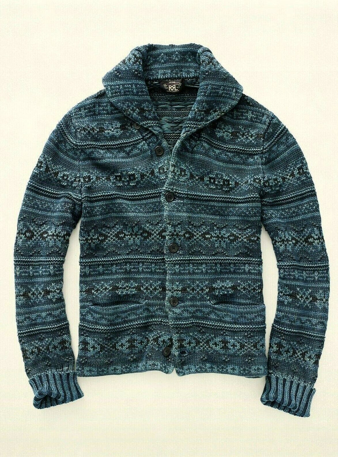 RRL Ralph Lauren Indigo Fair Isle Blue Heavy Fisherman Cardigan Men's S Small