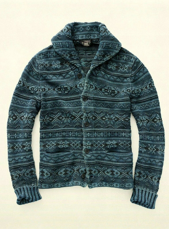 RRL Ralph Lauren Indigo Fair Isle Blue Heavy Fisherman Cardigan Men's S Small