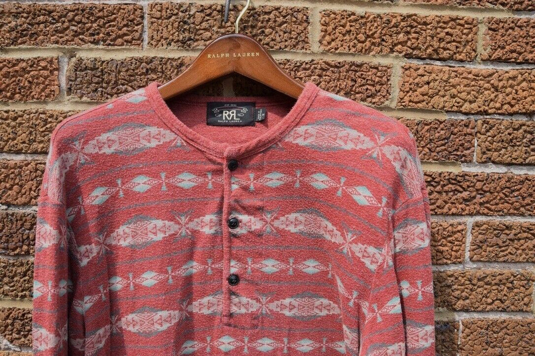 RRL Ralph Lauren Red Henley Fleece Shirt Southwestern Aztec Men's Medium M