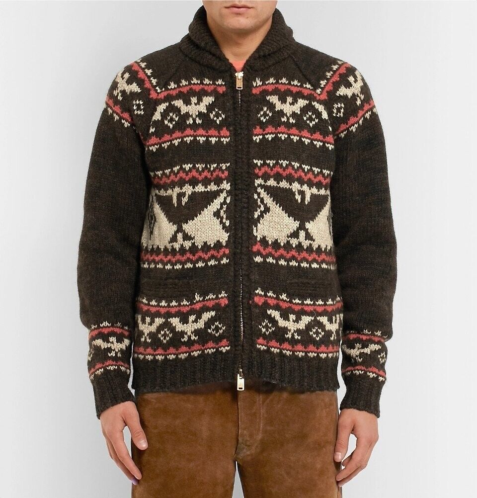 RRL Eagle Hand Knit Wool Brown Alpaca Wool Blend Zip Cardigan Men's Large L