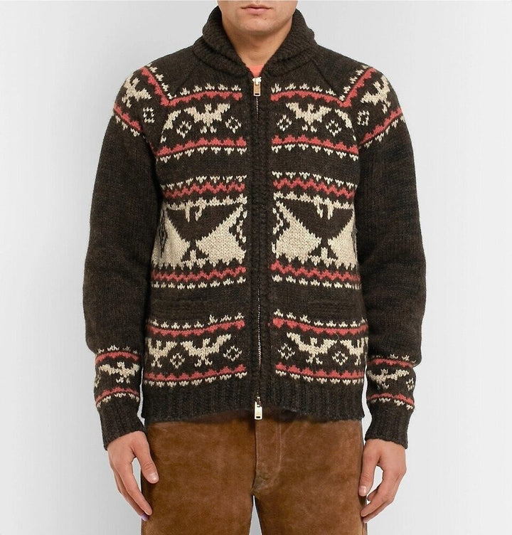 RRL Eagle Hand Knit Wool Brown Alpaca Wool Blend Zip Cardigan Men's Large L