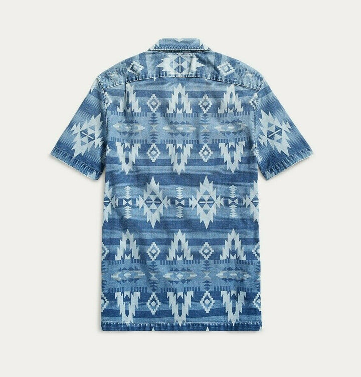 RRL Ralph Lauren Southwestern Beacon Ombre Blue Indigo Print Shirt Men's Large L