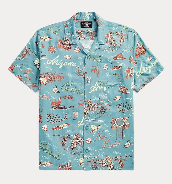 RRL Ralph Lauren Western Print Camp Blue Rodeo Shirt S/S Men's XXL 2XL