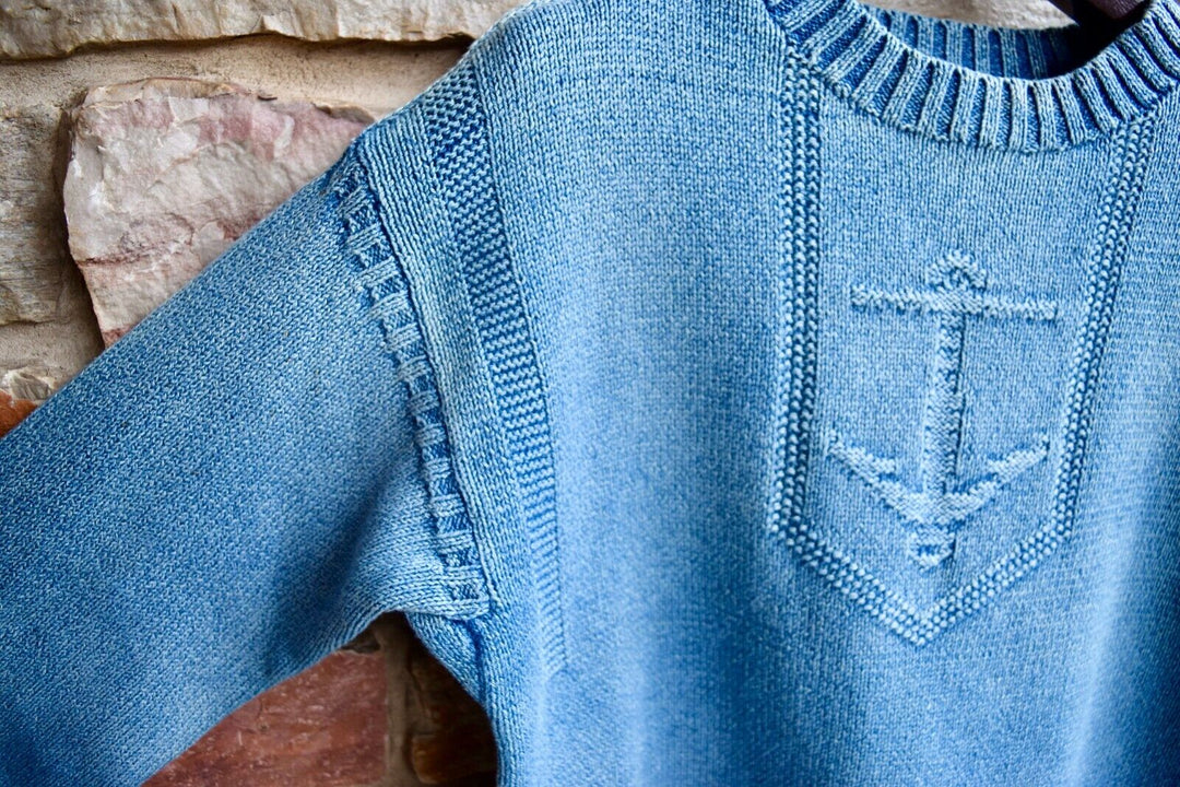 RRL Ralph Lauren Indigo Blue Thick Knit Crewneck Men's Anchor Faded Small S