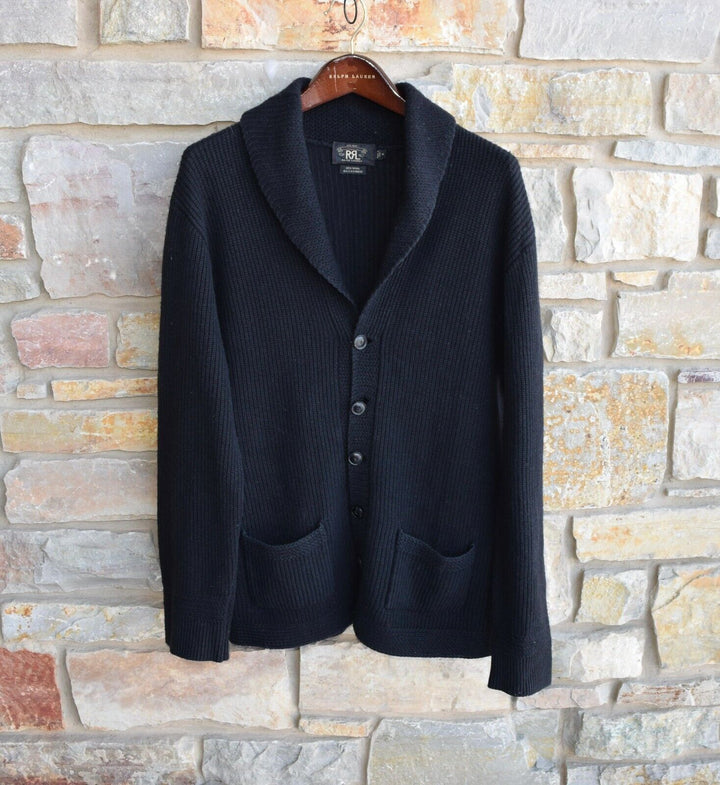 RRL Ralph Lauren Vintage Wool Cashmere Black Ribbed Shawl Cardigan Mens Medium M