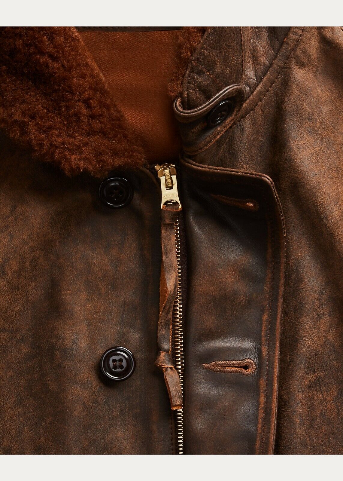 RRL Ralph Lauren Shearling Leather Brown Distressed Deck Jacket