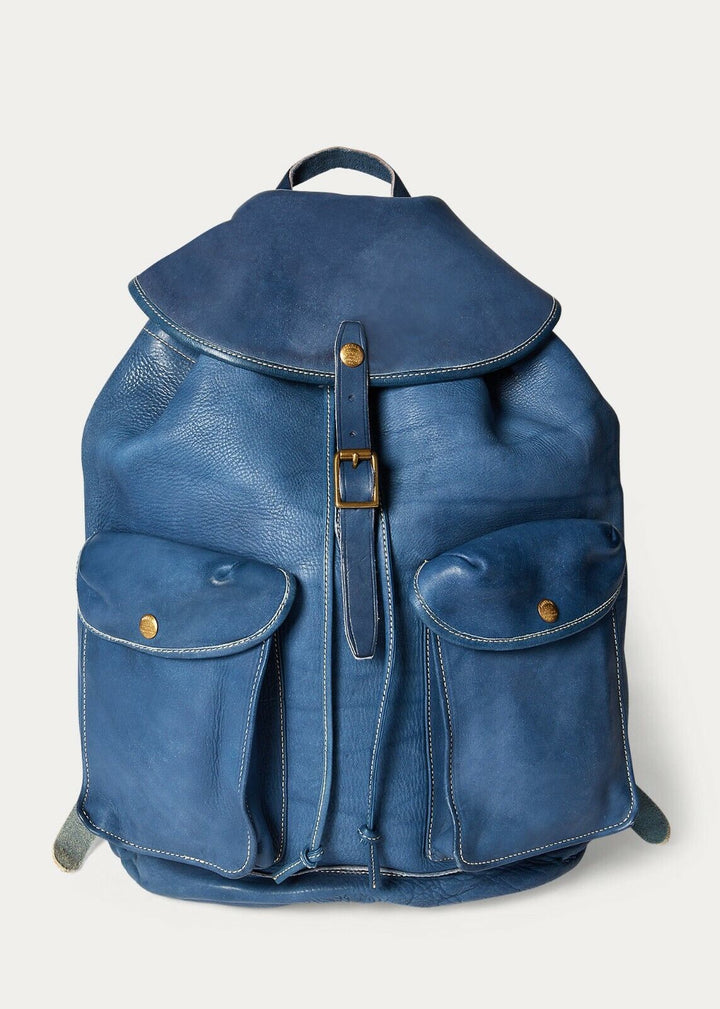 New RRL Ralph Lauren Indigo Leather Blue Leather Backpack Rucksack Cowhide