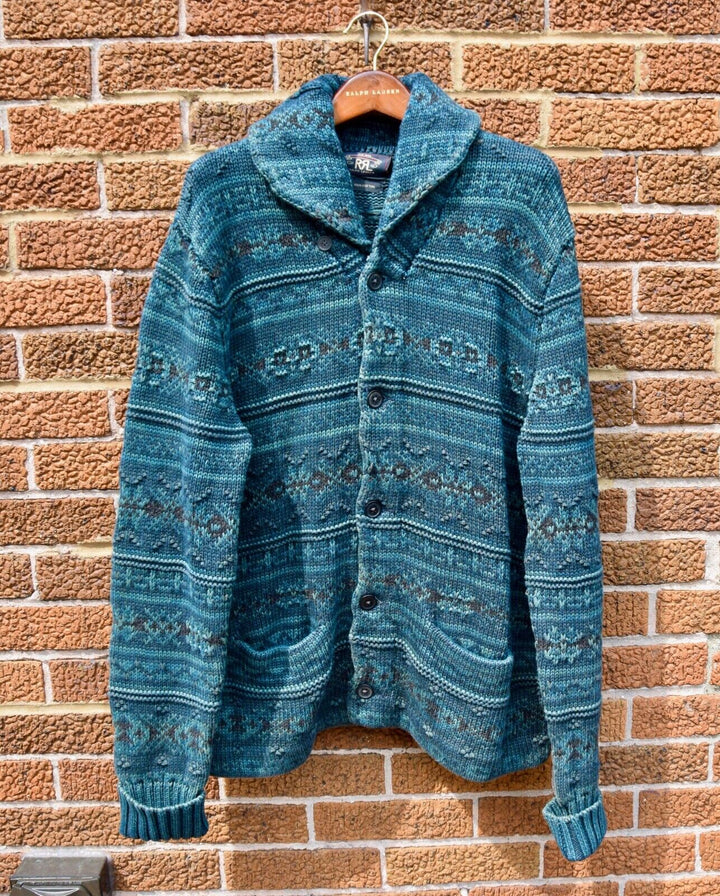 RRL Ralph Lauren Blue Fair Isle Nordic Shawl Cardigan Mens Large L