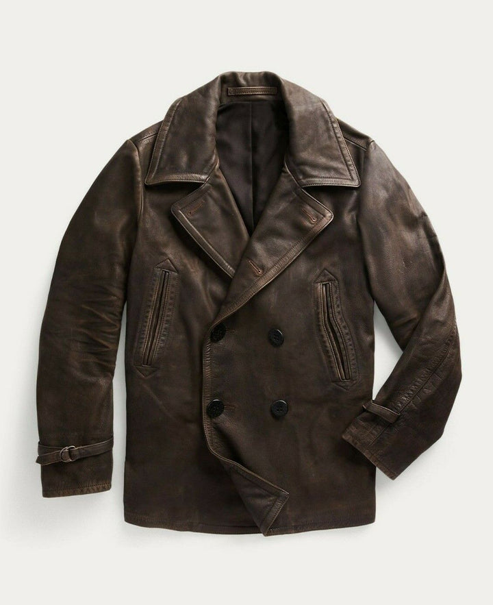 New RRL Ralph Lauren Leather Brown/Gray Peacoat Jacket Coat Men's Extra-Large XL
