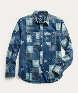 RRL Ralph Lauren Patchwork Print Indigo Blue Workshirt Shirt Men's Medium M